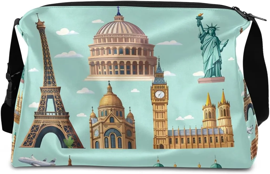 Weekend Bag City Famous Pattern Lightweight Carry On Duffel Bag Waterproof Gym Bag Pu Leather Duffle Bag for Workout Travel Sport