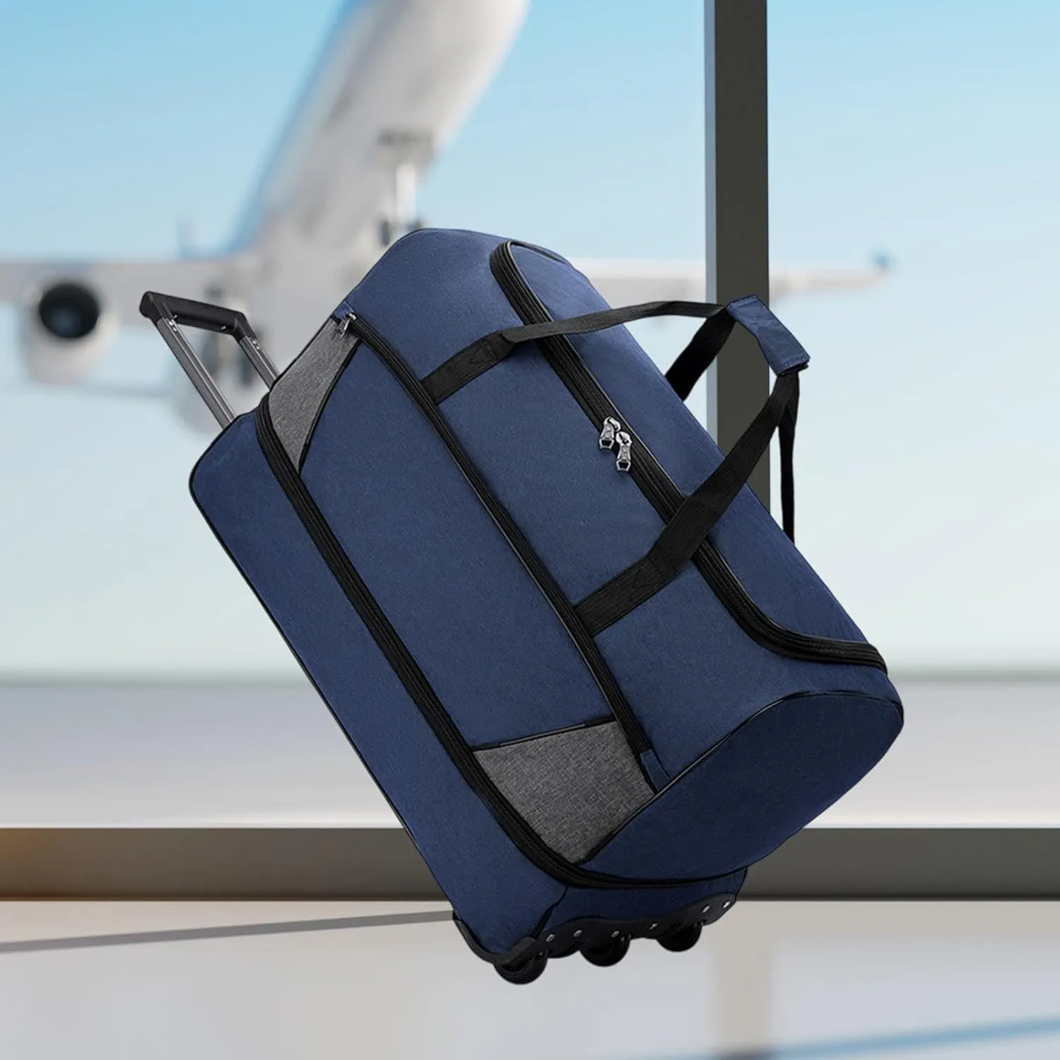 Wheeled Travel Duffel Bag with Compartments for Carrying Clothes, Blue M