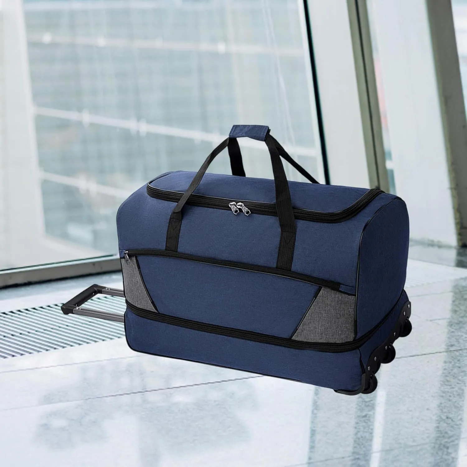 Wheeled Travel Duffel Bag with Compartments for Carrying Clothes, Blue M
