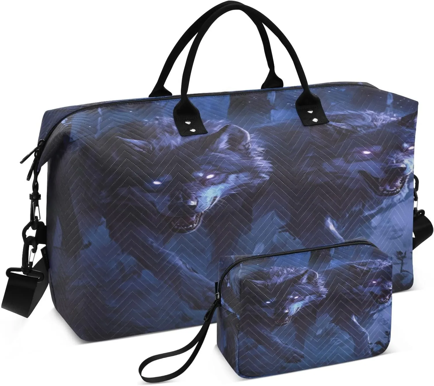 Wolf Forest Nightwalk Dark Blue Travel Duffel Bag with Toiletry Bag Weekender Bag for Carry on Sports Gym Bag for Overnight Weekend