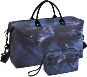 Wolf Forest Nightwalk Dark Blue Travel Duffel Bag with Toiletry Bag Weekender Bag for Carry on Sports Gym Bag for Overnight Weekend