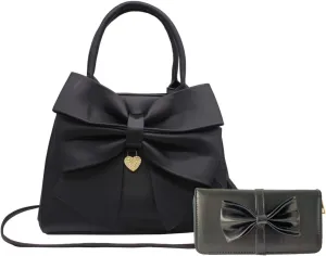 Women Big Bow-Knot Handbag 2 Pcs Set Leather Tote Top Handle Bag Clutch Wallet