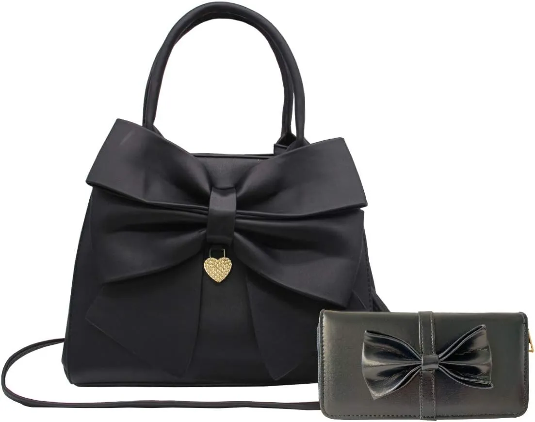Women Big Bow-Knot Handbag 2 Pcs Set Leather Tote Top Handle Bag Clutch Wallet