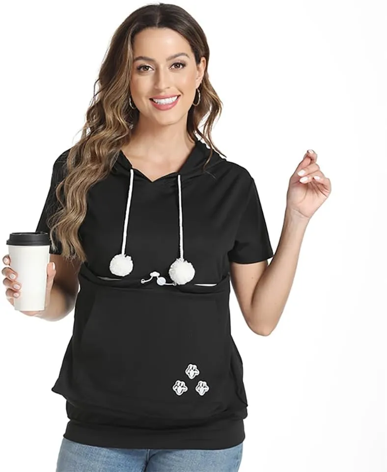 Women Big Pouch Shirt Pet Holder Pocket Top Short Sleeve Solid Color T-Shirt