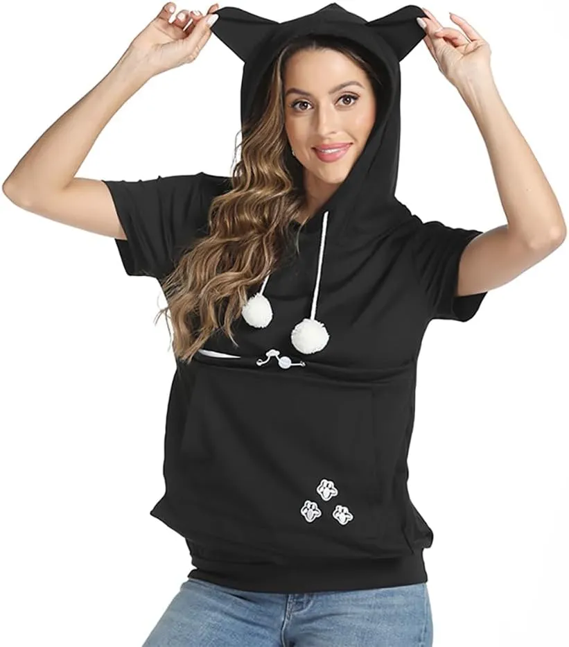 Women Big Pouch Shirt Pet Holder Pocket Top Short Sleeve Solid Color T-Shirt