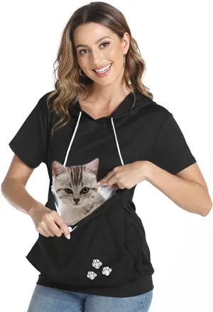 Women Big Pouch Shirt Pet Holder Pocket Top Short Sleeve Solid Color T-Shirt