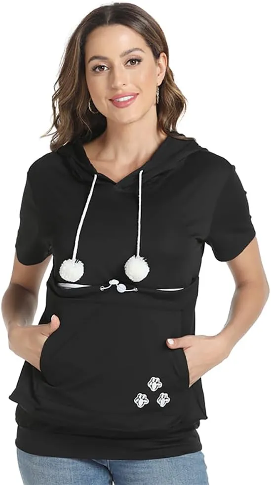 Women Big Pouch Shirt Pet Holder Pocket Top Short Sleeve Solid Color T-Shirt