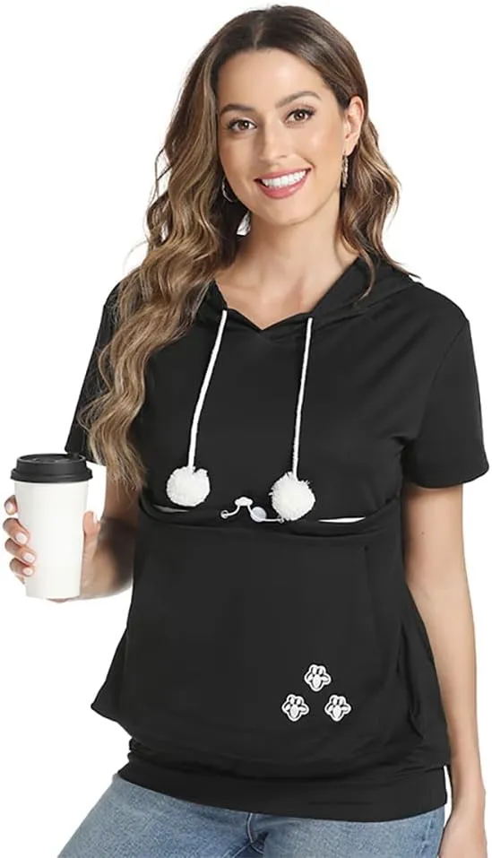 Women Big Pouch Shirt Pet Holder Pocket Top Short Sleeve Solid Color T-Shirt