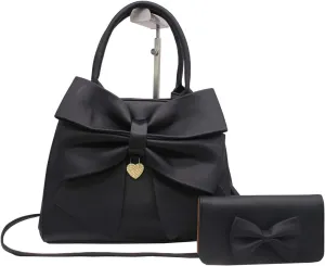 Women Handbag 2 Pcs Set Big Bow-Knot PU Leather Top Handle Bag Designer Tote Bag Clutch Wallet Set for Ladies, Pink
