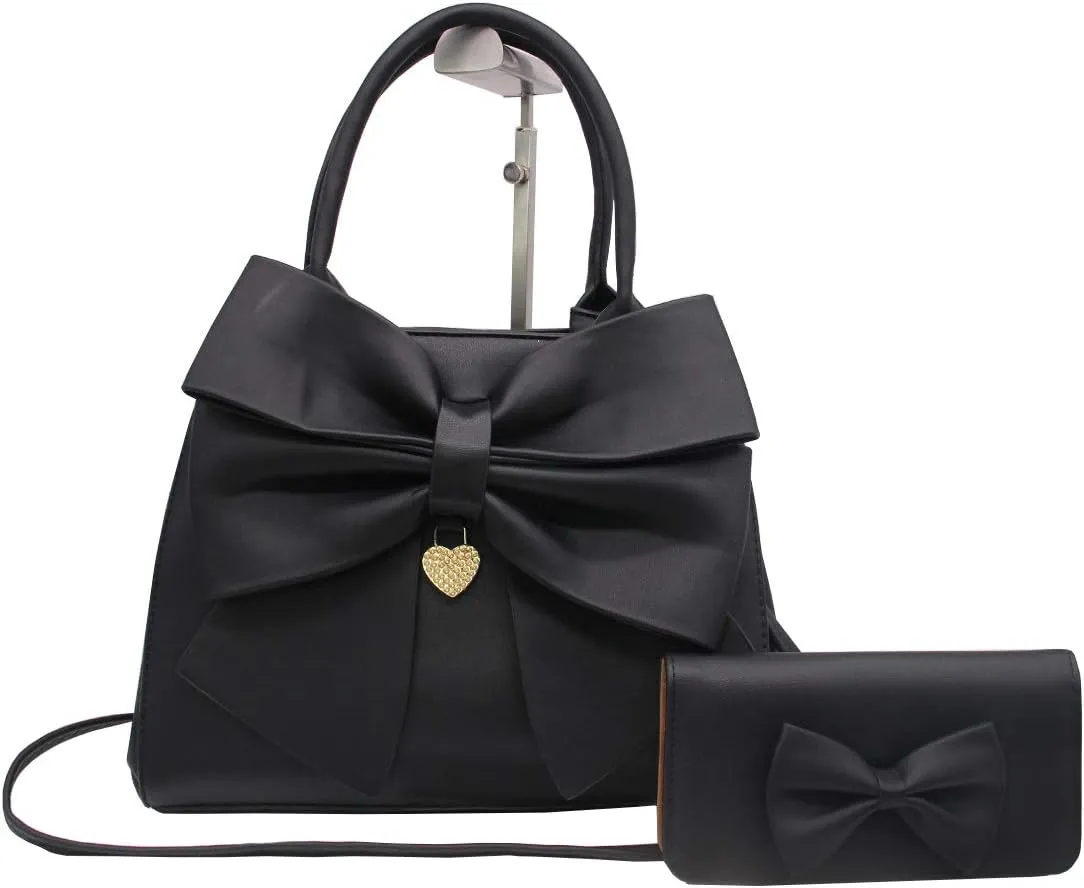 Women Handbag 2 Pcs Set Big Bow-Knot PU Leather Top Handle Bag Designer Tote Bag Clutch Wallet Set for Ladies, Pink