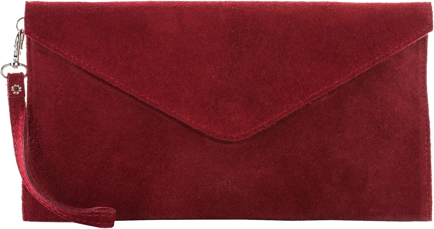 Women's Leather Wristlets Clutch Bag in Envelope Shape - 100% Italian Leather with Long Shoulder Strap