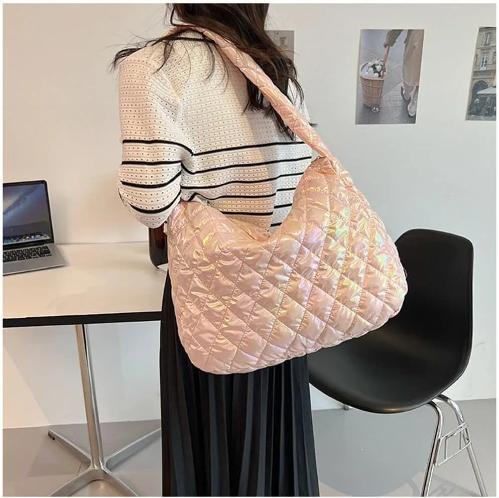 Women's Quilted Shoulder Bag Padded Tote Bag Large Capacity Hobo Purse Lightweight Nylon Padding Handbag