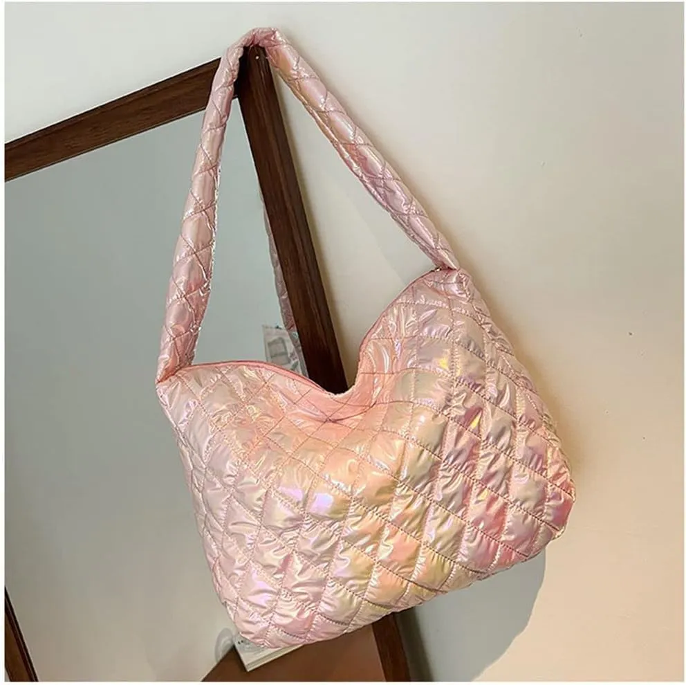 Women's Quilted Shoulder Bag Padded Tote Bag Large Capacity Hobo Purse Lightweight Nylon Padding Handbag