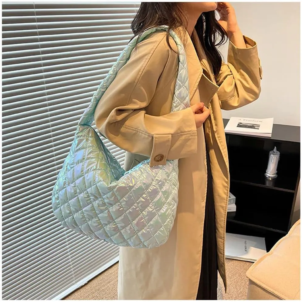 Women's Quilted Shoulder Bag Padded Tote Bag Large Capacity Hobo Purse Lightweight Nylon Padding Handbag