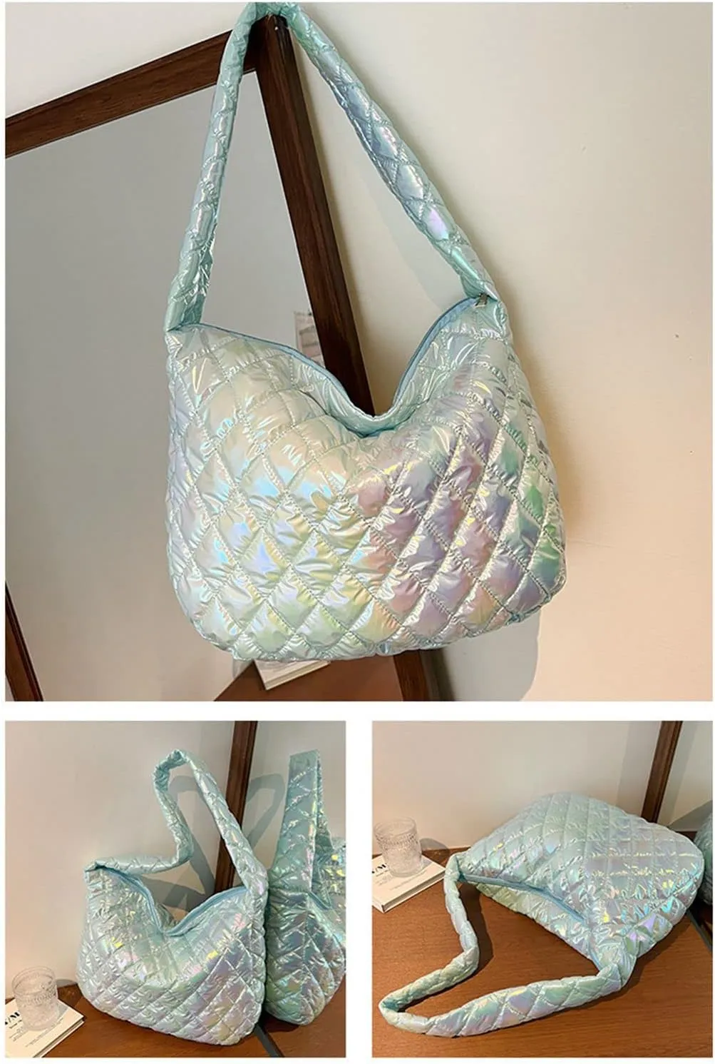 Women's Quilted Shoulder Bag Padded Tote Bag Large Capacity Hobo Purse Lightweight Nylon Padding Handbag