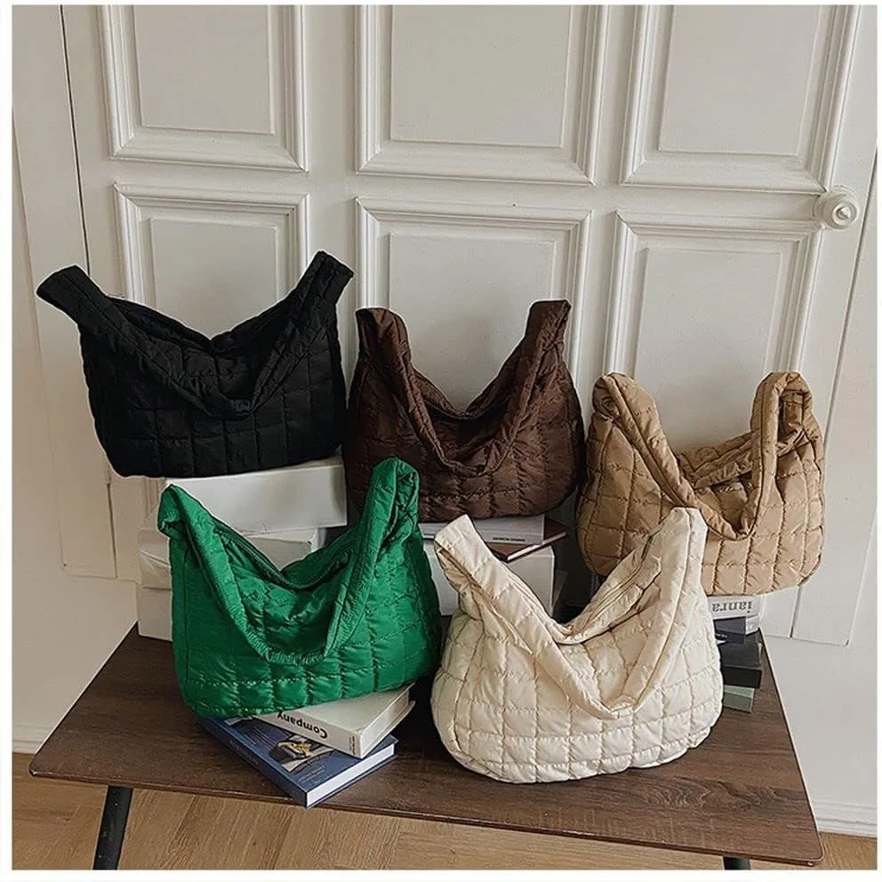 Women's Quilted Shoulder Bag Padded Tote Bag Large Capacity Hobo Purse Lightweight Nylon Padding Handbag