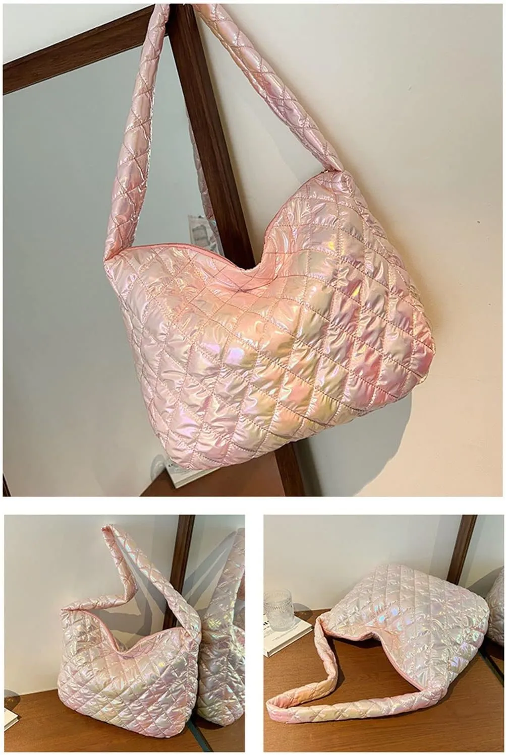 Women's Quilted Shoulder Bag Padded Tote Bag Large Capacity Hobo Purse Lightweight Nylon Padding Handbag