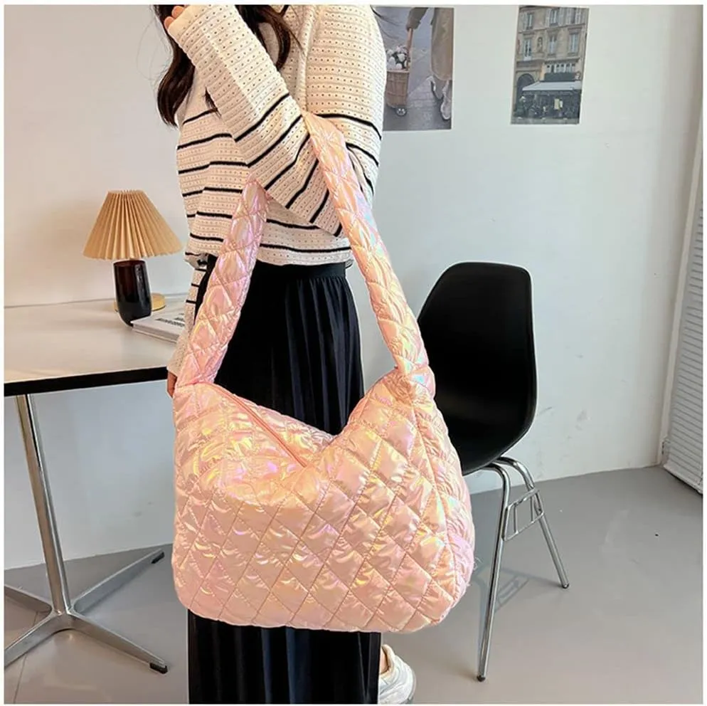 Women's Quilted Shoulder Bag Padded Tote Bag Large Capacity Hobo Purse Lightweight Nylon Padding Handbag