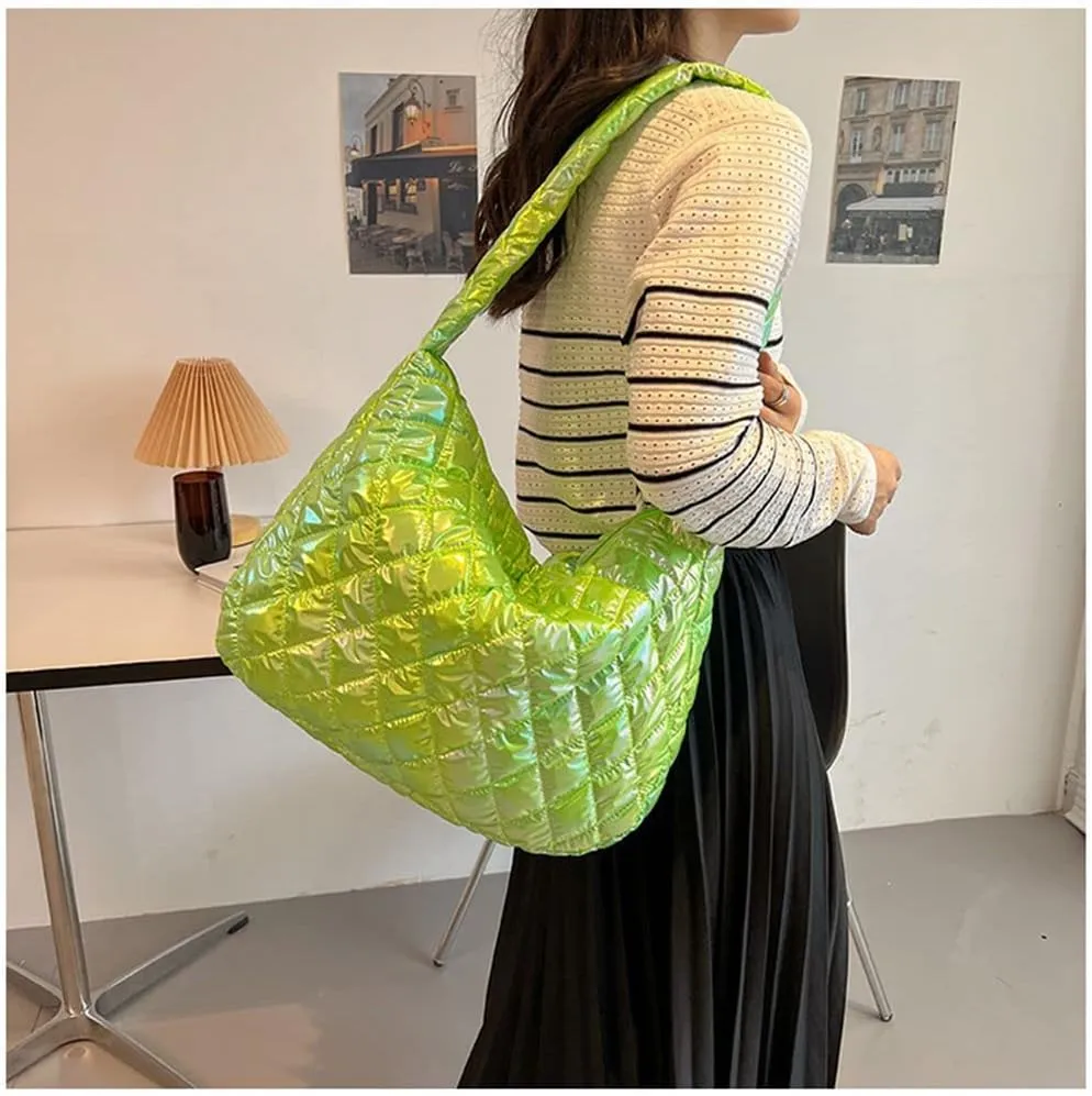 Women's Quilted Shoulder Bag Padded Tote Bag Large Capacity Hobo Purse Lightweight Nylon Padding Handbag