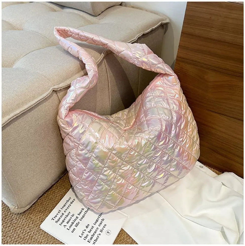 Women's Quilted Shoulder Bag Padded Tote Bag Large Capacity Hobo Purse Lightweight Nylon Padding Handbag