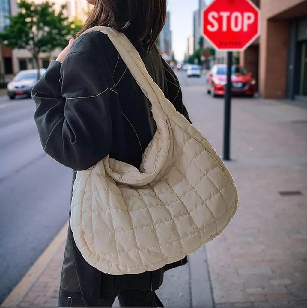 Women's Quilted Shoulder Bag Padded Tote Bag Large Capacity Hobo Purse Lightweight Nylon Padding Handbag
