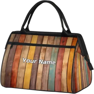 Wood Planks Travel Duffel Bag, Personalized Sports Gym Bag Custom for Women and Men Waterproof Overnight Weekender Carry On Tote Bags for Airplanes, Traveling, Gym, Football, Hospital Bag