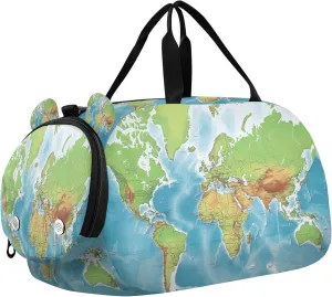 World Map Kids Overnight Sports Duffel Bags with Shoe Compartment & Wet Pocket Travel Sport Gym Bag for Girls Boys