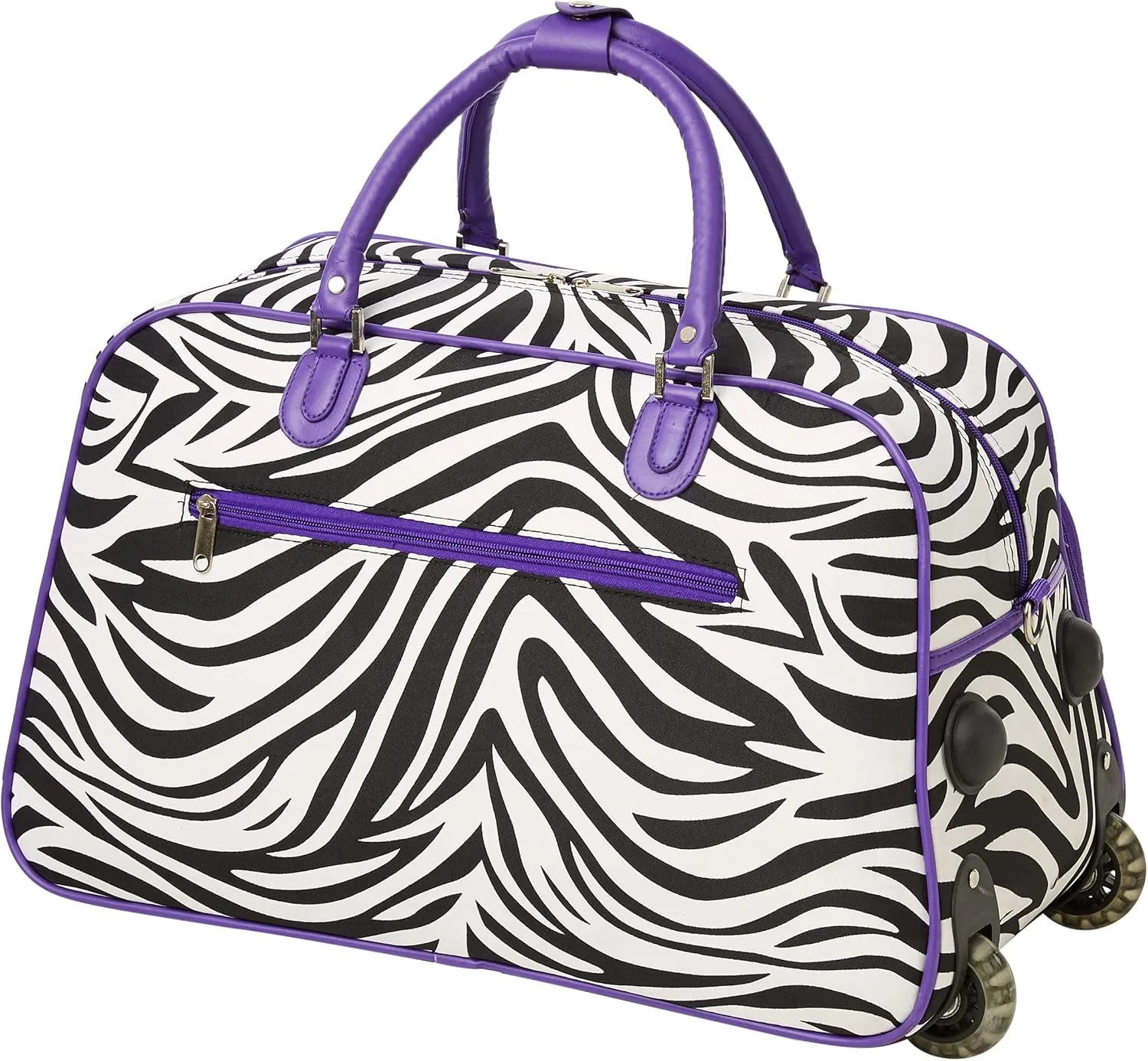 World Traveler 21-Inch Carry-On Rolling Duffel Bag, Dark Purple Trim Zebra