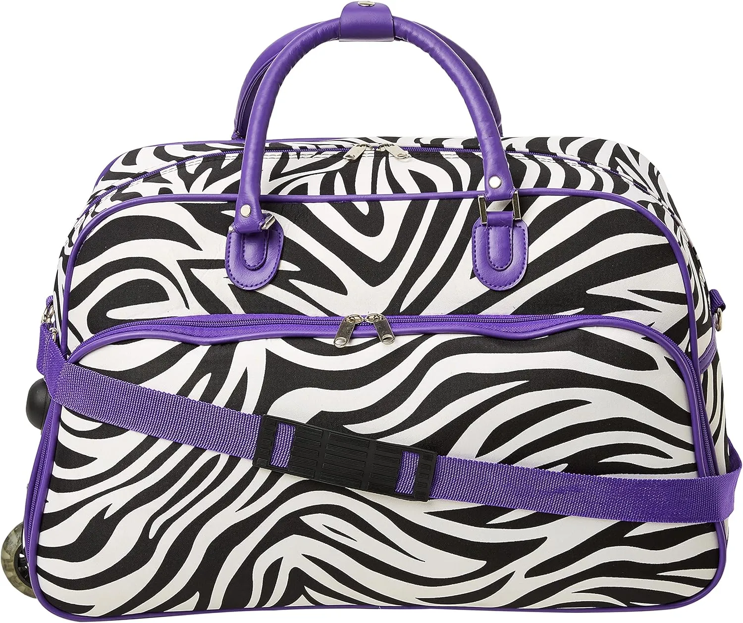World Traveler 21-Inch Carry-On Rolling Duffel Bag, Dark Purple Trim Zebra