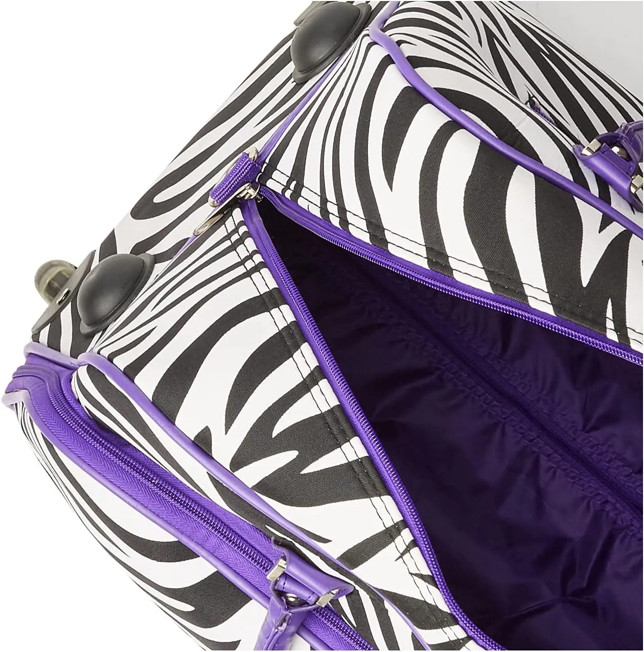 World Traveler 21-Inch Carry-On Rolling Duffel Bag, Dark Purple Trim Zebra