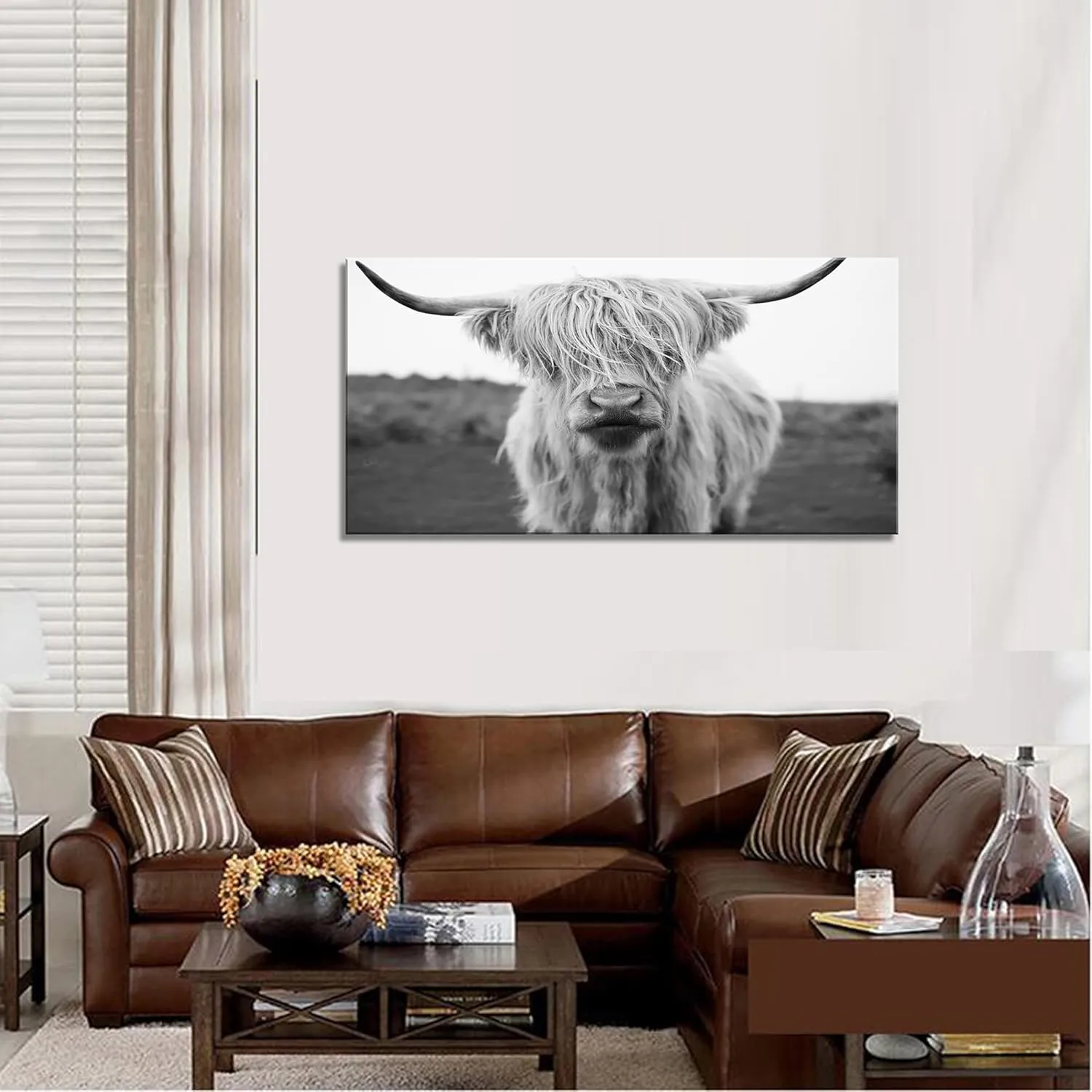XXMWallArt FC3662 Highland Cow Canvas Art - Black and White Animal Wall Decor for Living Room, Bedroom, Office
