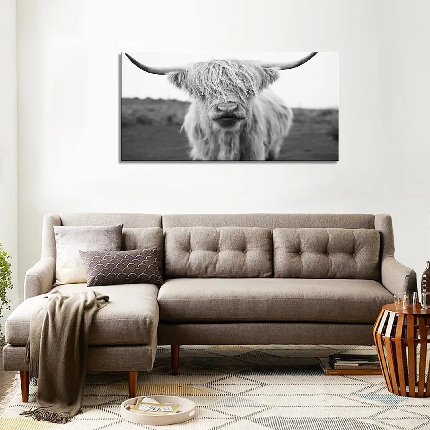 XXMWallArt FC3662 Highland Cow Canvas Art - Black and White Animal Wall Decor for Living Room, Bedroom, Office
