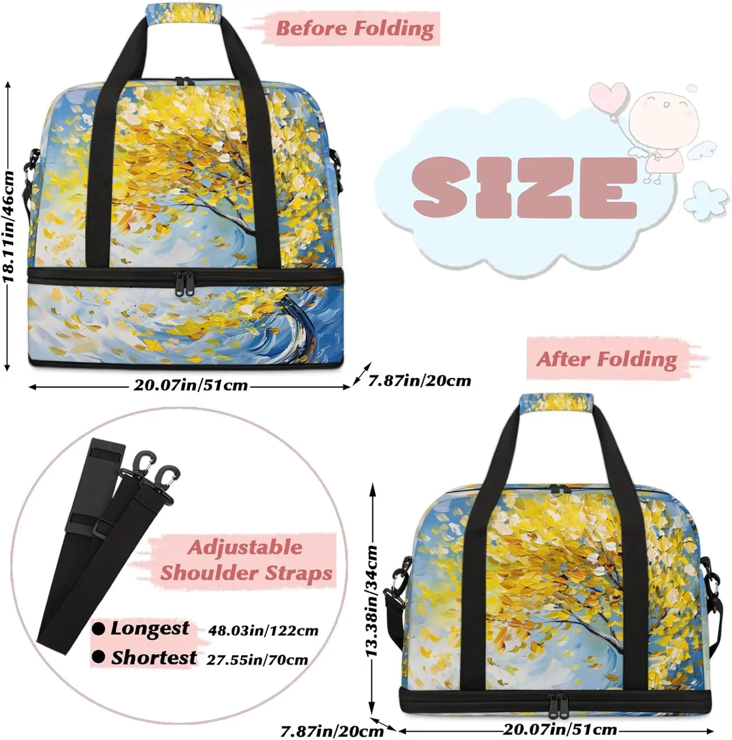 Yellow Oil Painting Tree Travel Duffel Bags for Women & Men Large Sports Gym Bags Foldie Weekender Overnight Bag Carry On Tote Bag With Shoe Compartment Personal Item Luggage for Travel Sports Gym