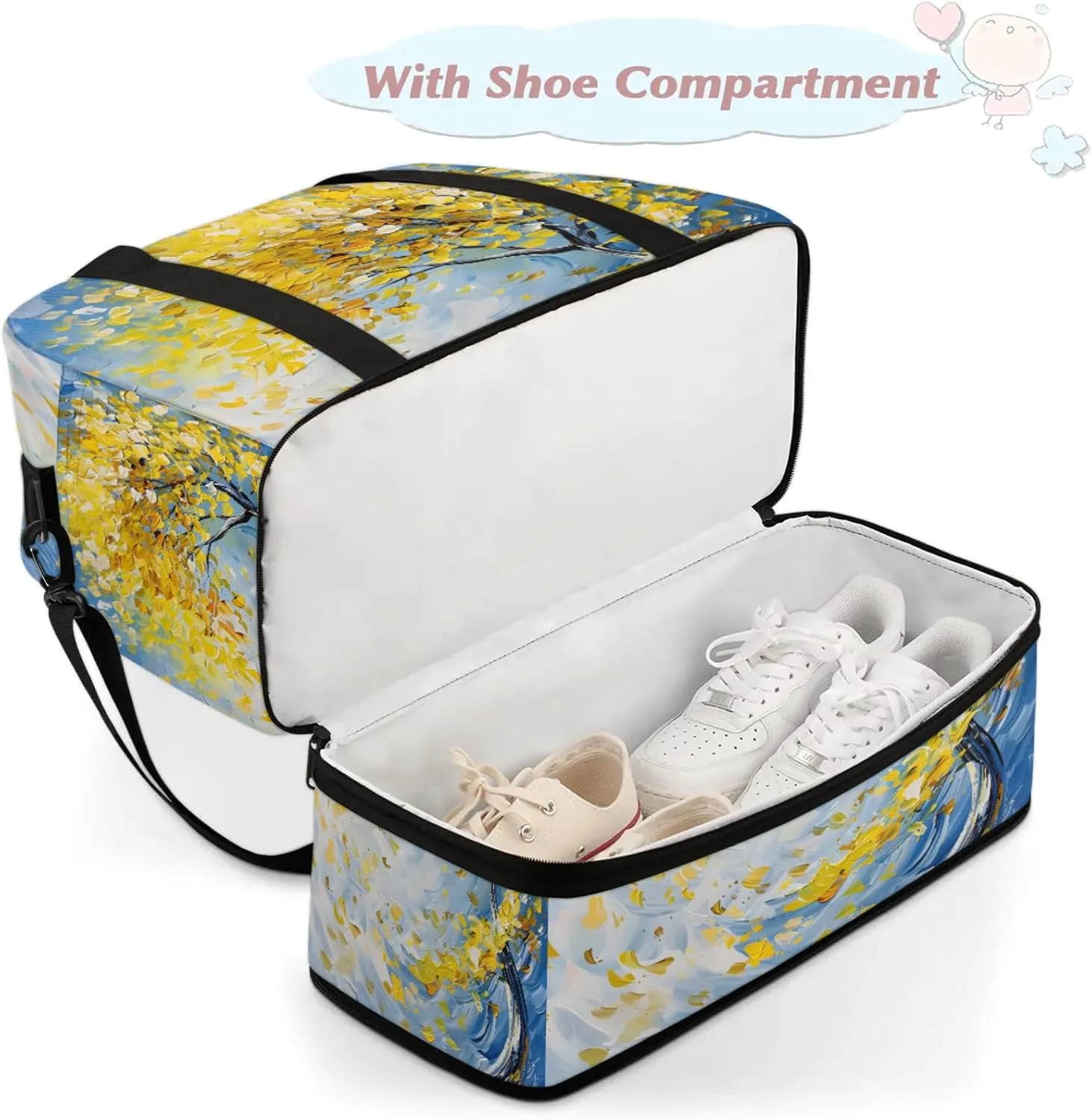 Yellow Oil Painting Tree Travel Duffel Bags for Women & Men Large Sports Gym Bags Foldie Weekender Overnight Bag Carry On Tote Bag With Shoe Compartment Personal Item Luggage for Travel Sports Gym