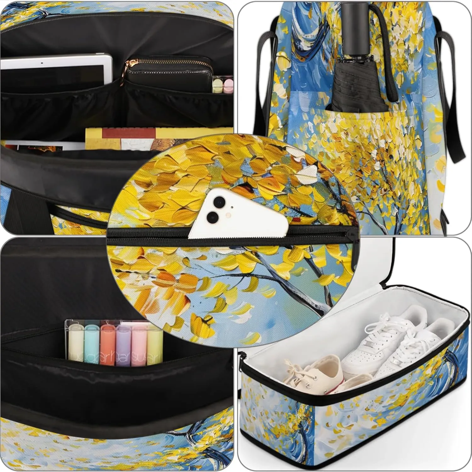 Yellow Oil Painting Tree Travel Duffel Bags for Women & Men Large Sports Gym Bags Foldie Weekender Overnight Bag Carry On Tote Bag With Shoe Compartment Personal Item Luggage for Travel Sports Gym