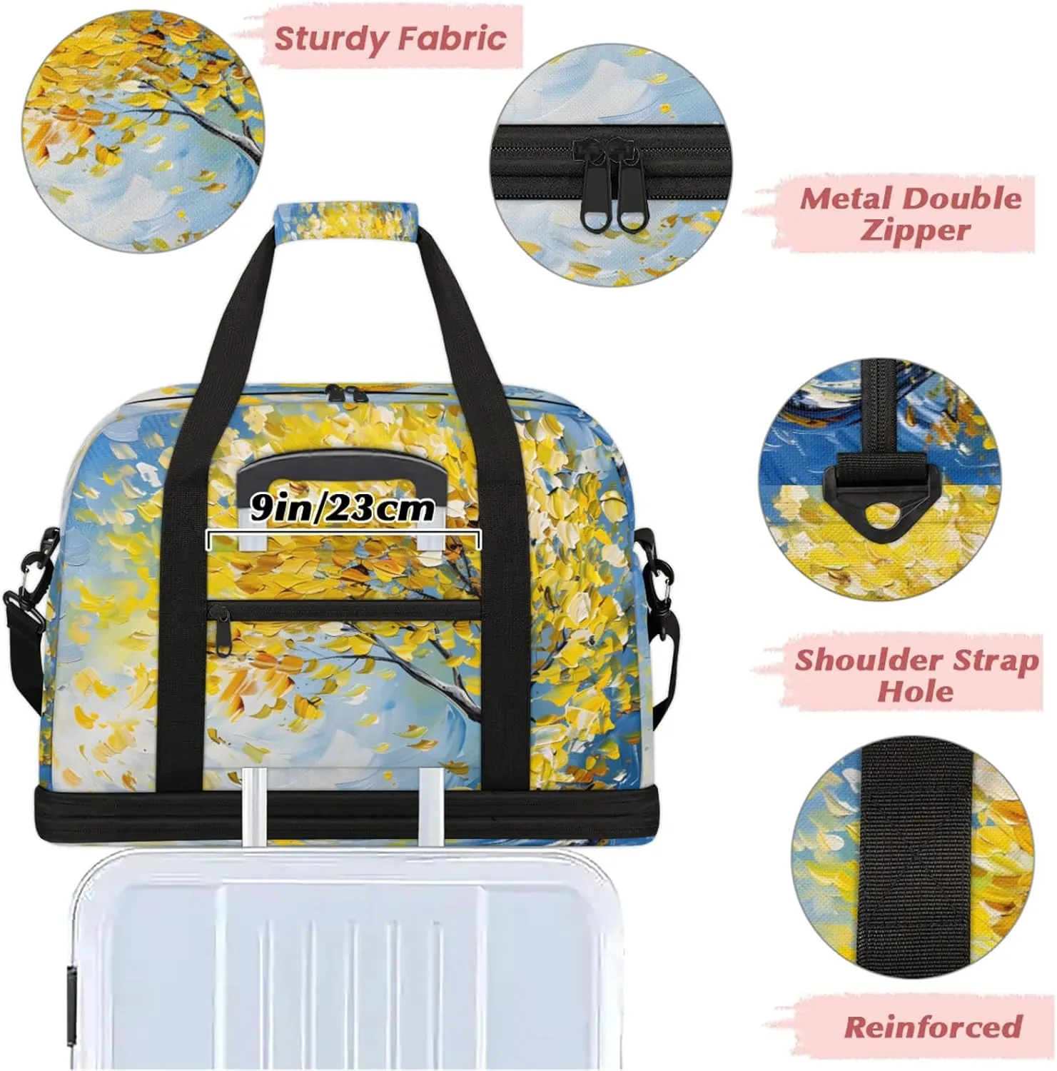 Yellow Oil Painting Tree Travel Duffel Bags for Women & Men Large Sports Gym Bags Foldie Weekender Overnight Bag Carry On Tote Bag With Shoe Compartment Personal Item Luggage for Travel Sports Gym