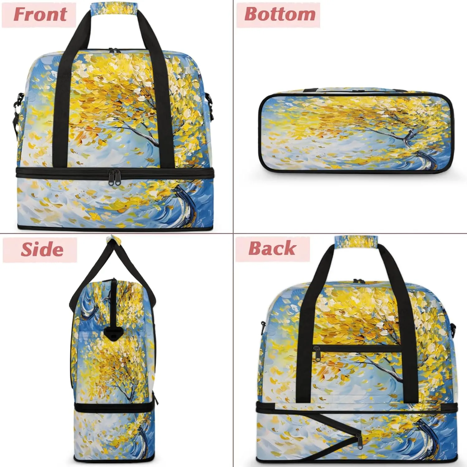 Yellow Oil Painting Tree Travel Duffel Bags for Women & Men Large Sports Gym Bags Foldie Weekender Overnight Bag Carry On Tote Bag With Shoe Compartment Personal Item Luggage for Travel Sports Gym