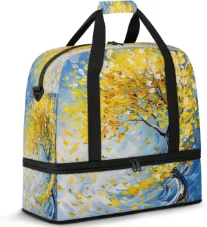 Yellow Oil Painting Tree Travel Duffel Bags for Women & Men Large Sports Gym Bags Foldie Weekender Overnight Bag Carry On Tote Bag With Shoe Compartment Personal Item Luggage for Travel Sports Gym