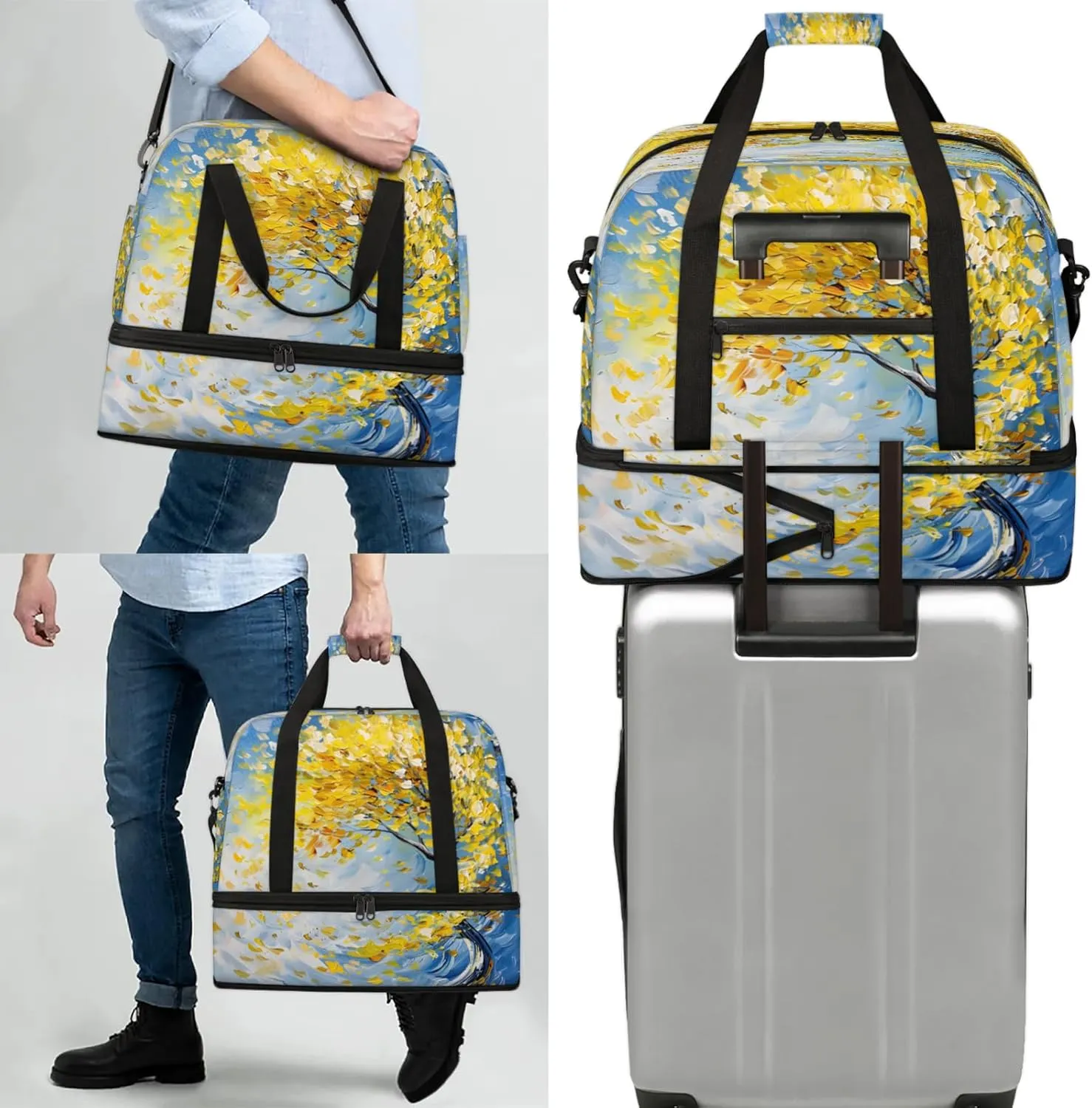 Yellow Oil Painting Tree Travel Duffel Bags for Women & Men Large Sports Gym Bags Foldie Weekender Overnight Bag Carry On Tote Bag With Shoe Compartment Personal Item Luggage for Travel Sports Gym