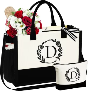 YOOLIFE Mothers Day Gifts - Initial Canvas Tote Bag Makeup Bag, Personalized Gifts for Women Mom Wife Teacher Friend Birthday