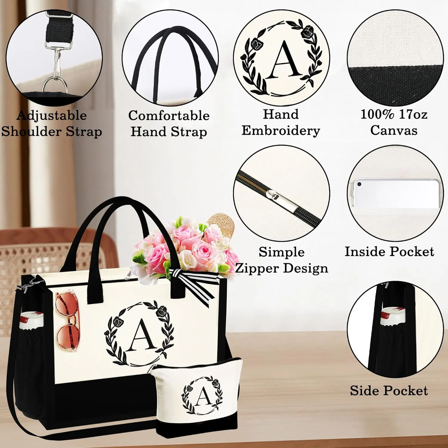 YOOLIFE Mothers Day Gifts - Initial Canvas Tote Bag Makeup Bag, Personalized Gifts for Women Mom Wife Teacher Friend Birthday