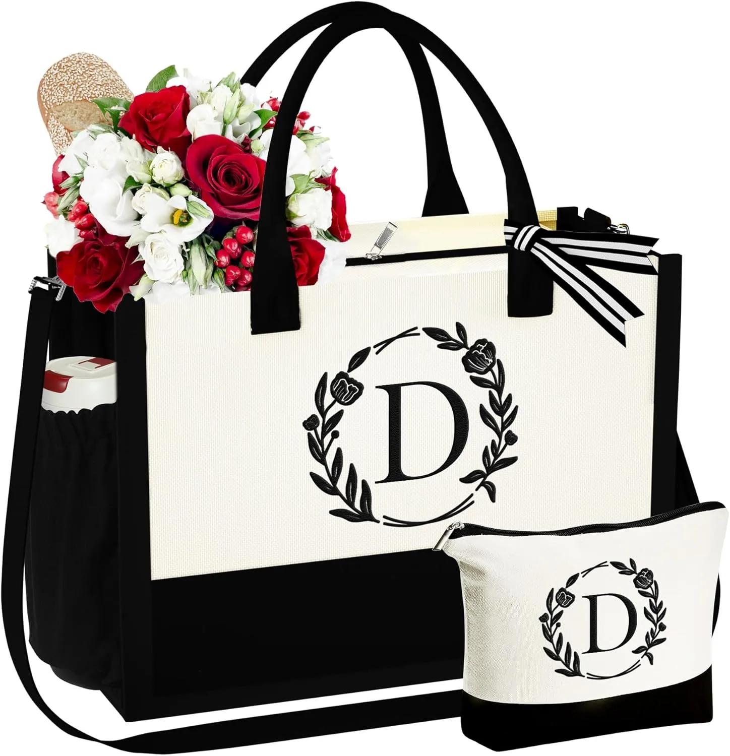 YOOLIFE Mothers Day Gifts - Initial Canvas Tote Bag Makeup Bag, Personalized Gifts for Women Mom Wife Teacher Friend Birthday