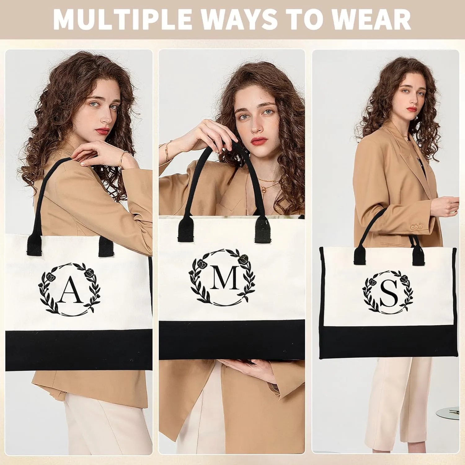 YOOLIFE Mothers Day Gifts - Initial Canvas Tote Bag Makeup Bag, Personalized Gifts for Women Mom Wife Teacher Friend Birthday