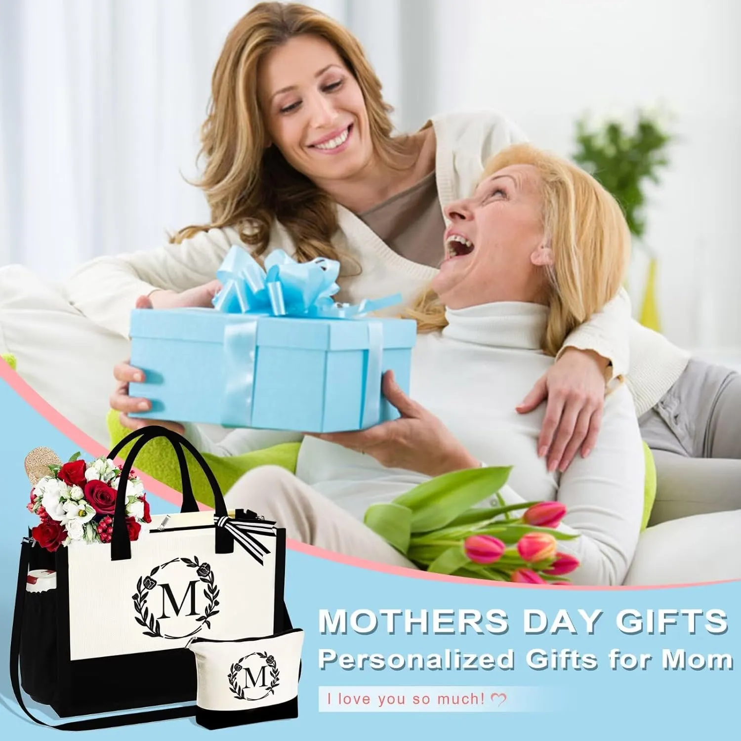 YOOLIFE Mothers Day Gifts - Initial Canvas Tote Bag Makeup Bag, Personalized Gifts for Women Mom Wife Teacher Friend Birthday