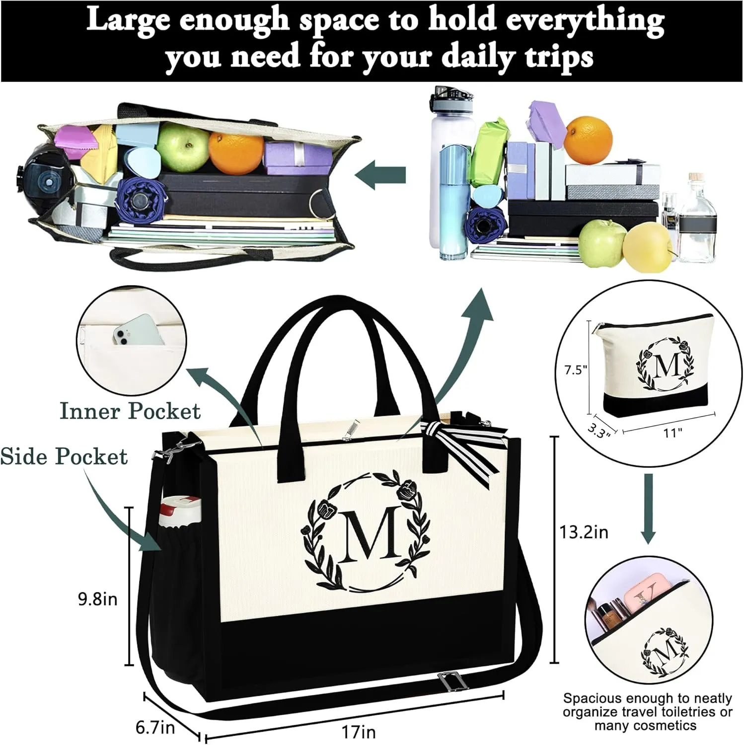 YOOLIFE Mothers Day Gifts - Initial Canvas Tote Bag Makeup Bag, Personalized Gifts for Women Mom Wife Teacher Friend Birthday
