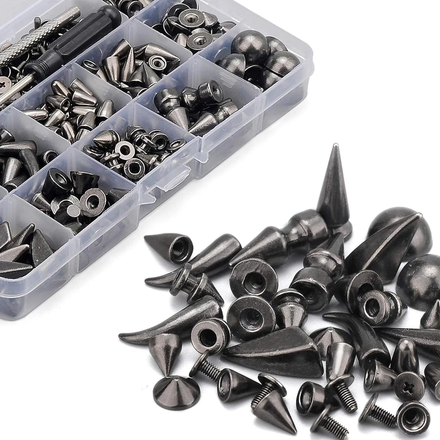 YORANYO 270 Sets Mixed Shape Spikes and Studs Gun Metal Screw Back Bullet Cone Studs and Spikes Rivet Kit with Install Tools for Leather Craft Clothing Shoes Belts Bags Dog Collars DIY Rivets
