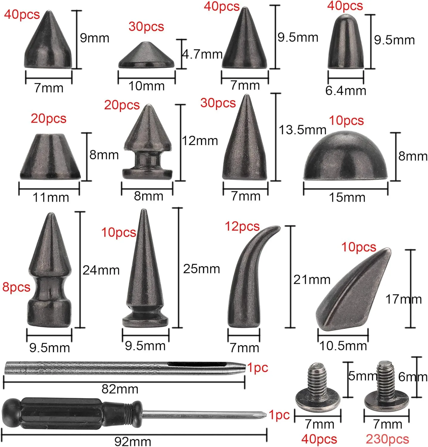 YORANYO 270 Sets Mixed Shape Spikes and Studs Gun Metal Screw Back Bullet Cone Studs and Spikes Rivet Kit with Install Tools for Leather Craft Clothing Shoes Belts Bags Dog Collars DIY Rivets