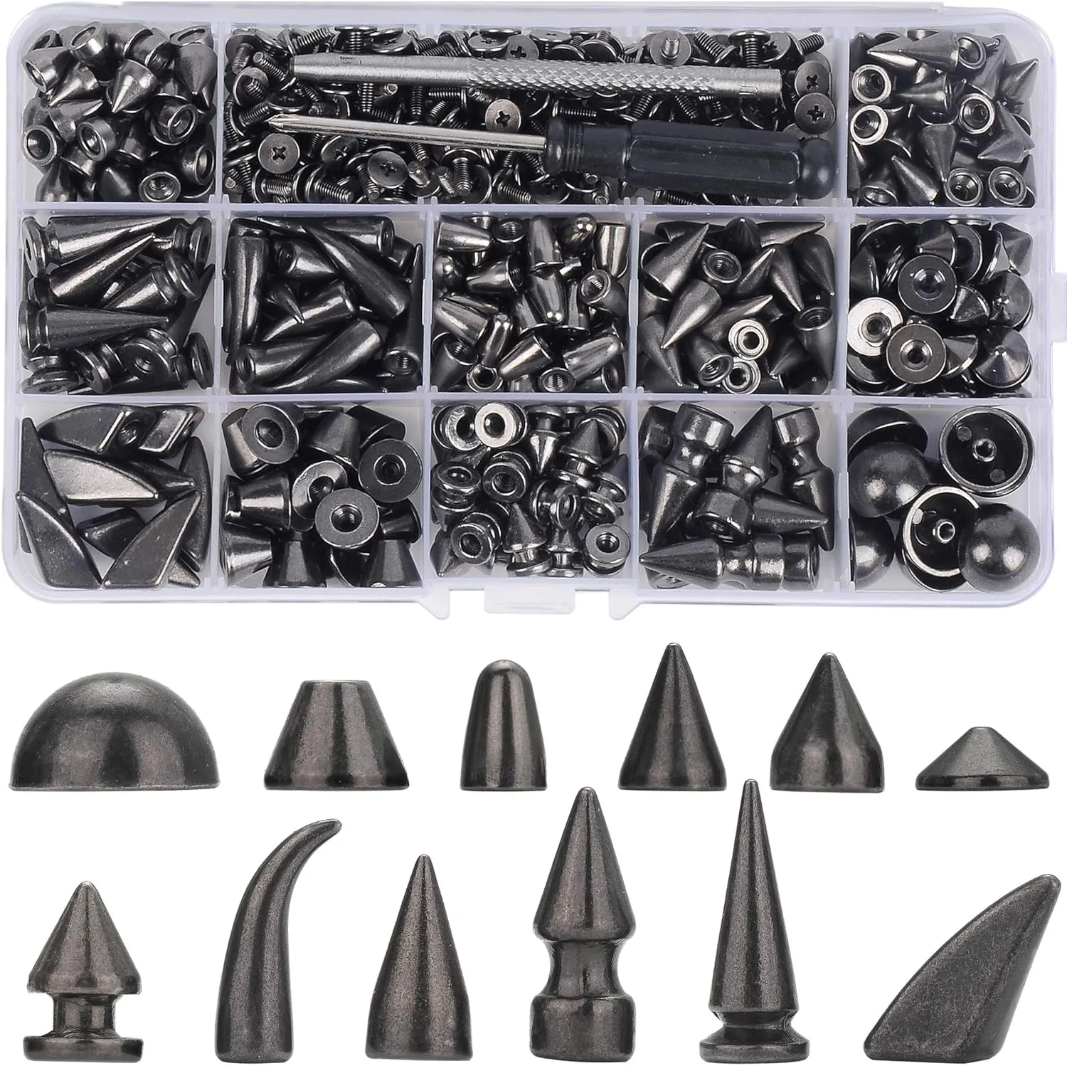 YORANYO 270 Sets Mixed Shape Spikes and Studs Gun Metal Screw Back Bullet Cone Studs and Spikes Rivet Kit with Install Tools for Leather Craft Clothing Shoes Belts Bags Dog Collars DIY Rivets