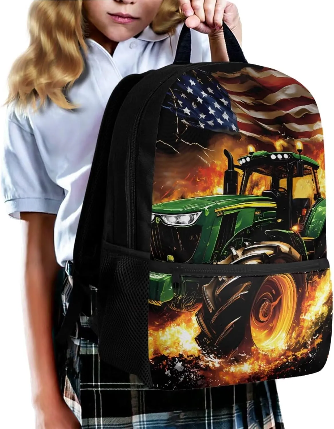 Ystardream 4th of July Backpacks for BoysTractor Bookbag and Lunch Box Set Lightweight Elementary School Bag with Comfortable Padded Straps for Student Pencil Case Easy to Carry
