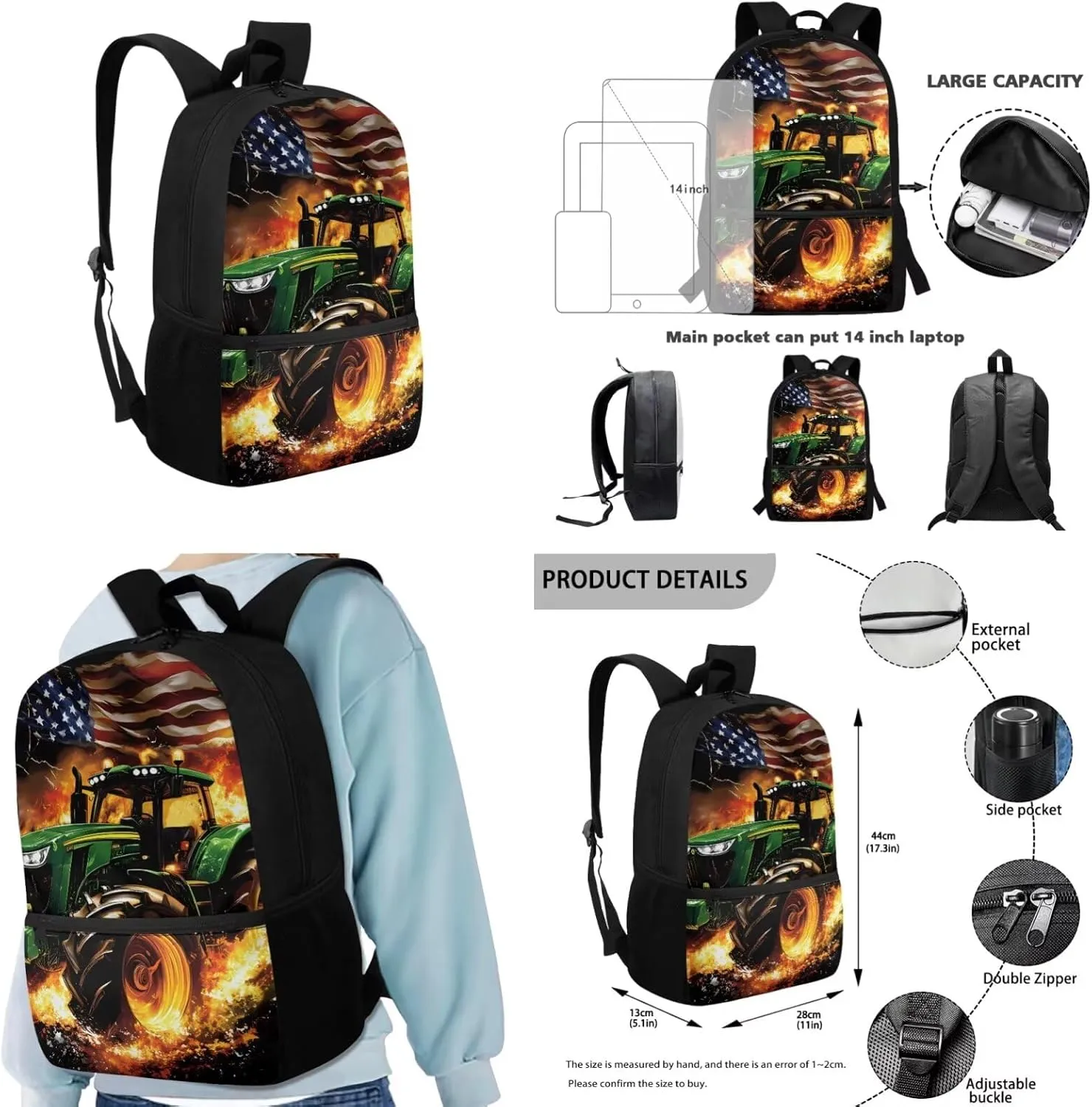 Ystardream 4th of July Backpacks for BoysTractor Bookbag and Lunch Box Set Lightweight Elementary School Bag with Comfortable Padded Straps for Student Pencil Case Easy to Carry